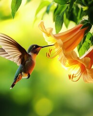 Fototapeta premium A hummingbird drinks nectar from a flower