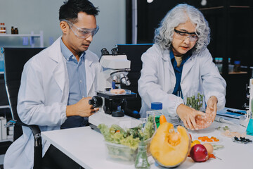 Team Asian scientists in a lab conducting food research using a microscope and lab equipment,...