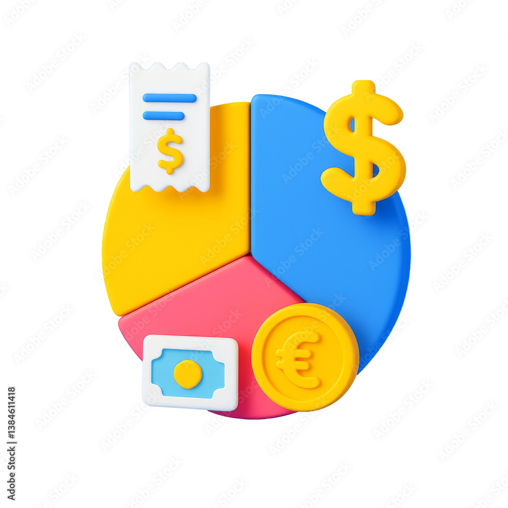 Poster colorful 3d pie chart icon featuring currency symbols, clear background showing financial data repre