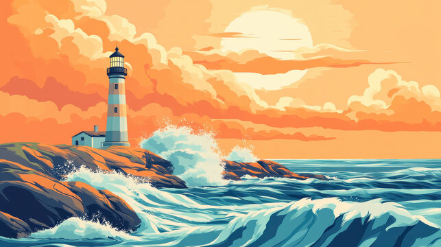 A lighthouse standing tall by the sea, crashing waves below, layered clouds rolling over the ocean