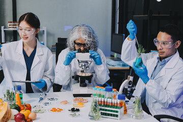 Team Asian scientists in a lab conducting food research using a microscope and lab equipment,...