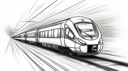 Monochrome Sketch Illustration of a High-Speed Train with Speed Lines