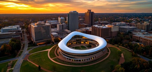 Modern Oval Building at Sunset in Cityscape