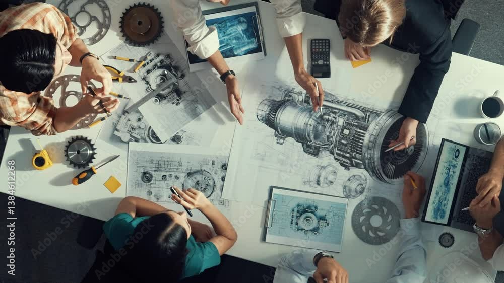 Poster top down aerial view of smart engineer team working together to design turbine engine. professional 