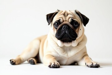 Charming pug, relaxed pose against pure white, canine, furry