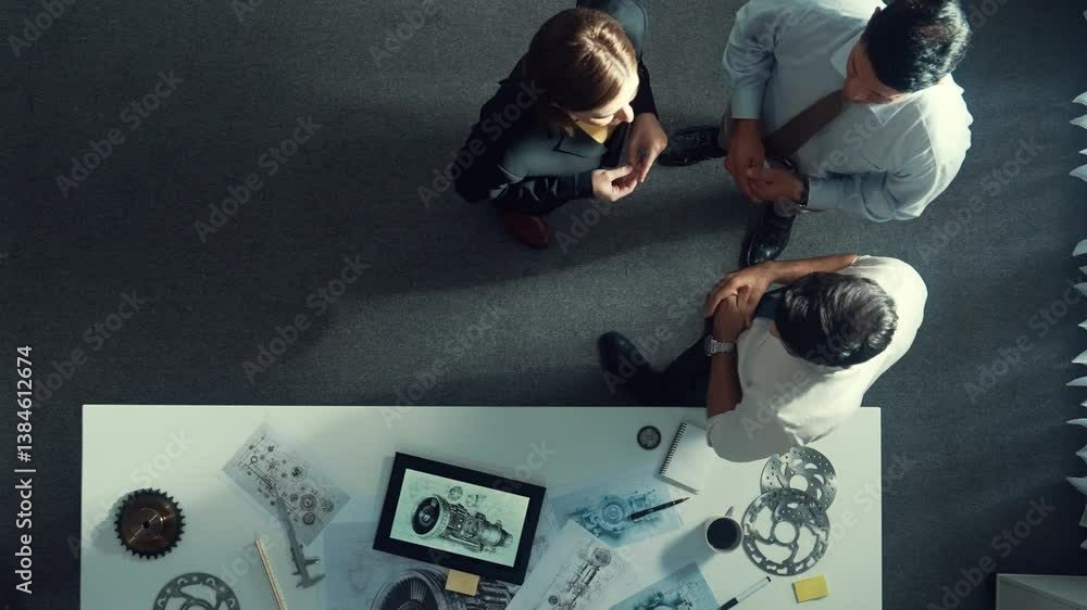Poster top down view of smart engineer talking about turbine engine design while standing at meeting table 