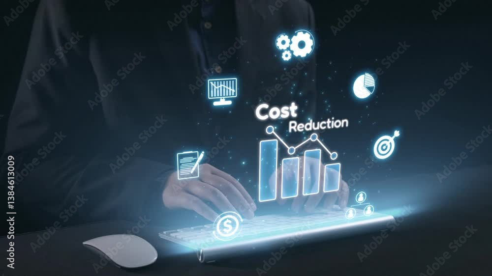 Poster a close-up image of hands typing on a keyboard integrated with digital icons showcasing cost reducti