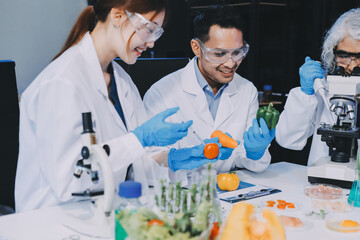 Team Asian scientists in a lab conducting food research using a microscope and lab equipment,...