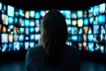Woman Observing Multiple Screens in Dark Room