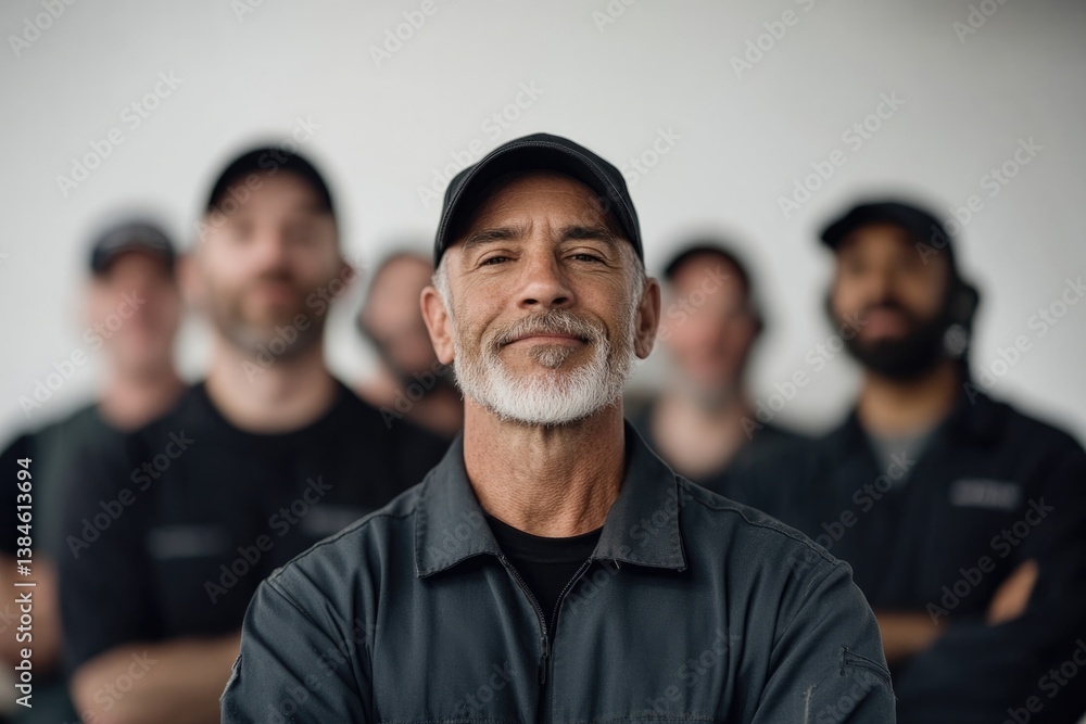 Poster group of diverse auto mechanics each of different race and age stands confidently for minimalistic p