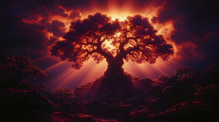 Fototapeta premium A majestic tree illuminated by brilliant light and dramatic clouds