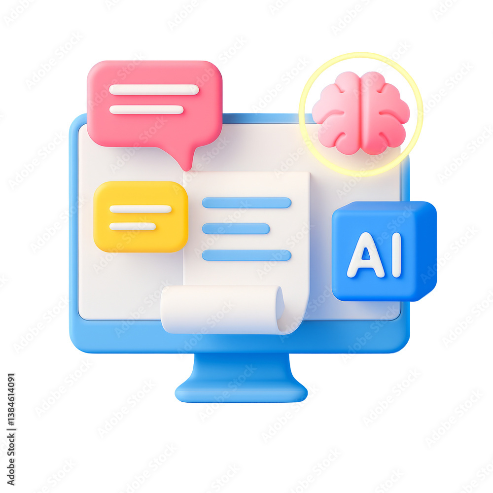Poster colorful 3d illustration of a computer screen displaying chat bubbles, a brain icon, and an ai symbo