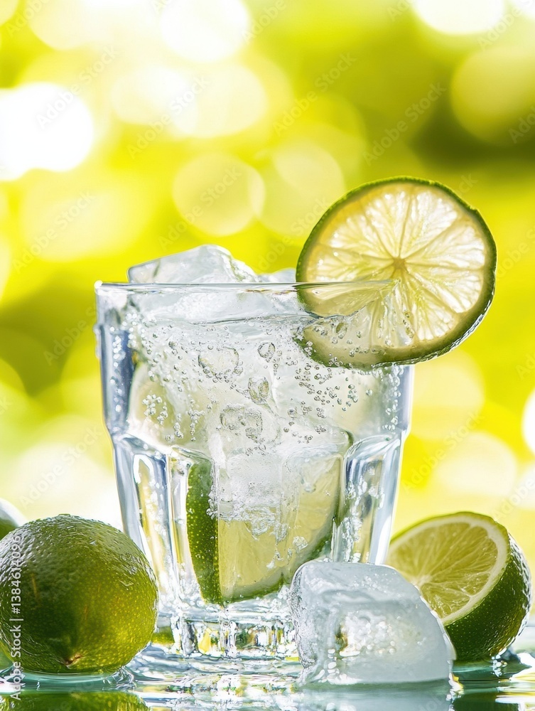 Poster refreshing cold lemonade with lime and ice on a bright summer day evokes feelings of relaxation and 