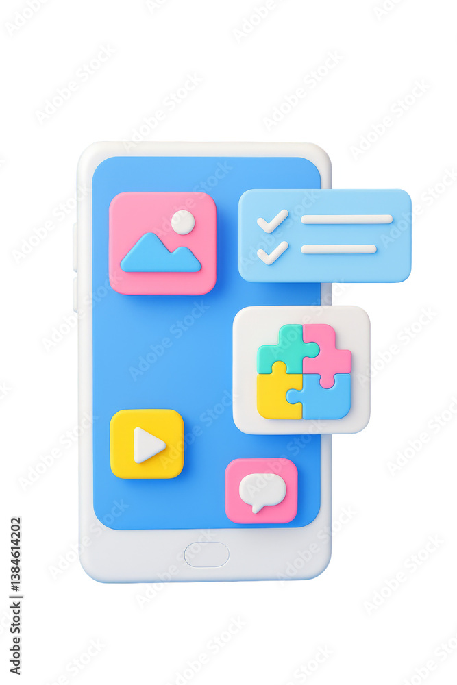 Poster colorful 3d rendered mobile device icon with various application symbols displayed prominently on a 