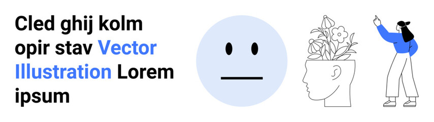 Neutral face emotion, plant growing from human head symbolizing creativity, person pointing upward. Ideal for emotions, mental health, self-growth, ideas, mindfulness, creativity simple landing page