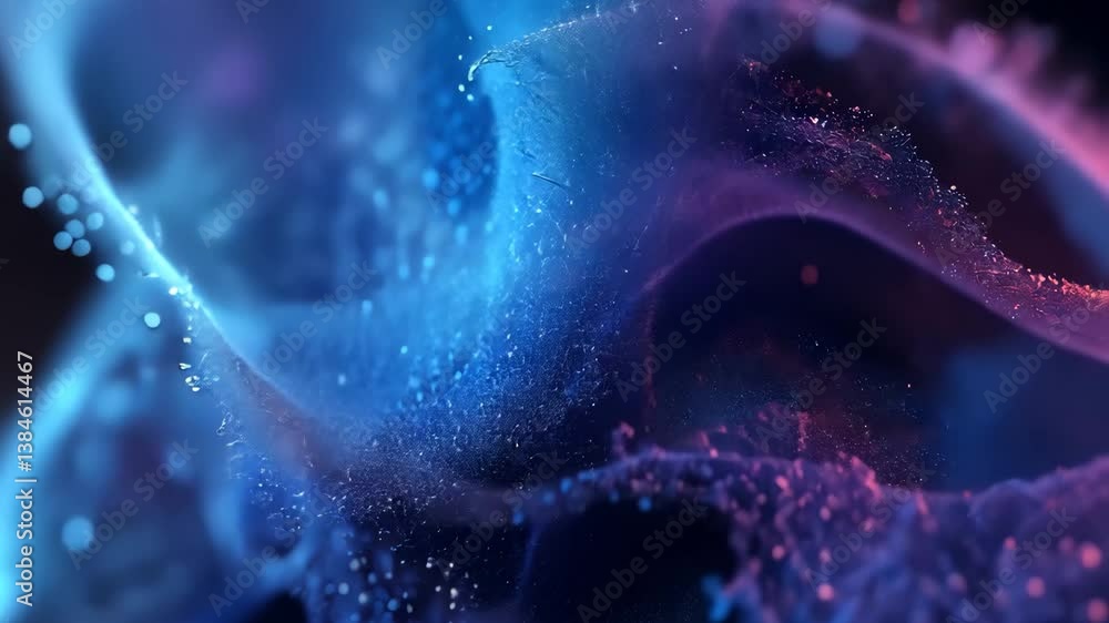 Poster abstract swirling fluid of blue and pink with sparkling particles on dark background in a dynamic mo