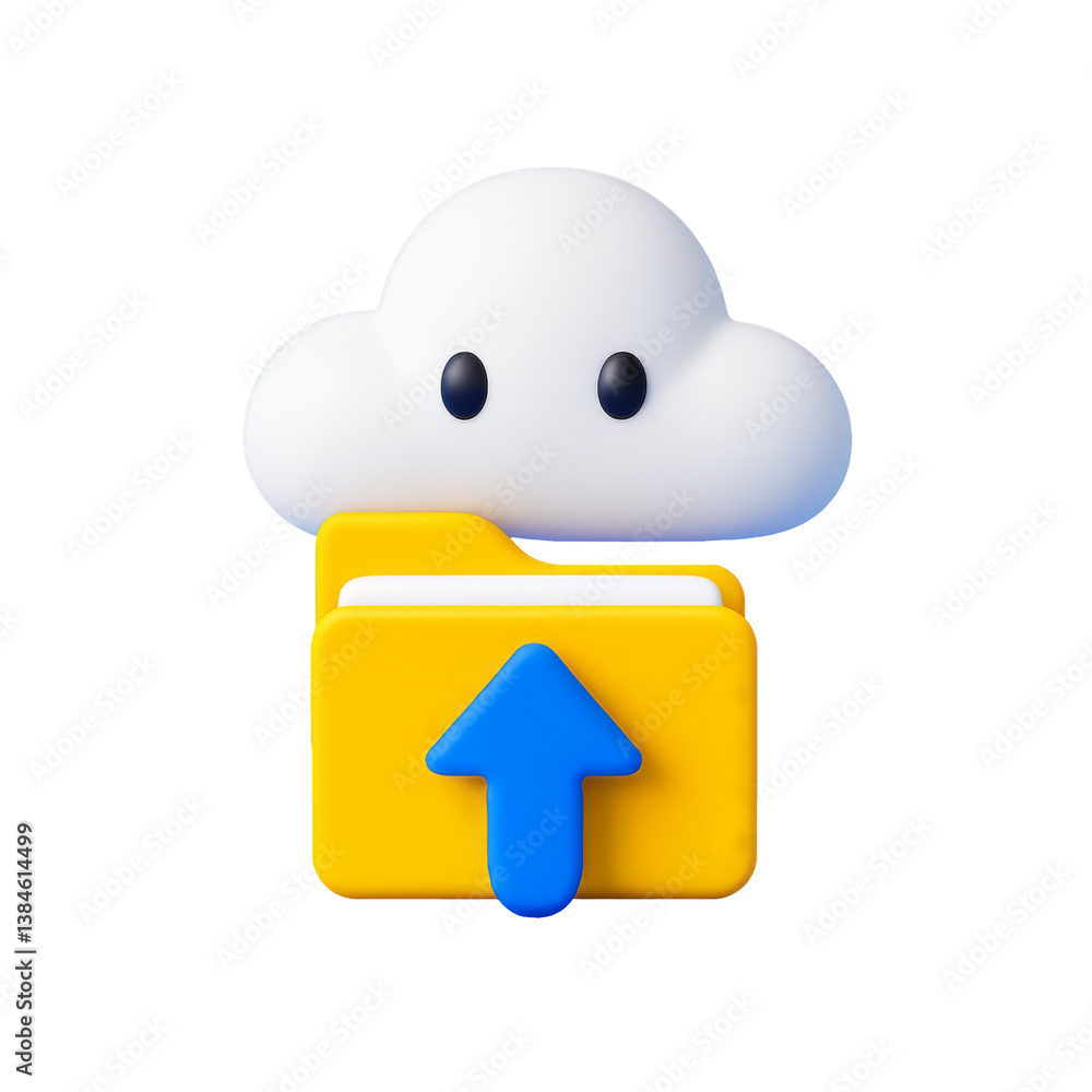 Poster cloud storage icon illustration featuring a folder with an upward arrow, designed in a 3d style with