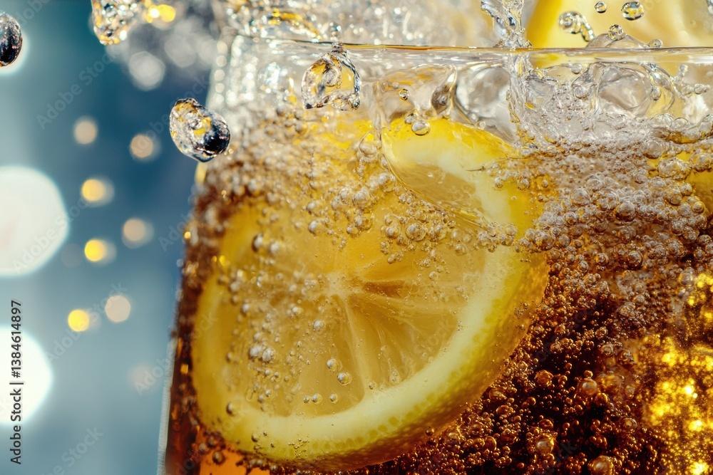 Poster refreshing ice-cold soda in a glass with fizzy bubbles and vibrant lemon slices against a bright bac