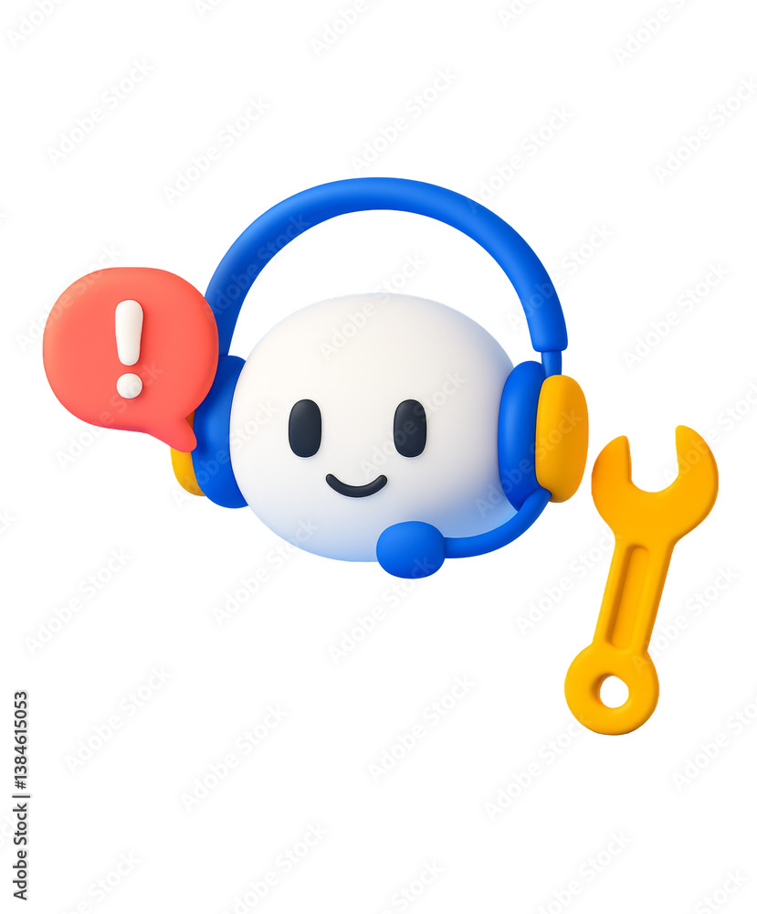 Poster cheerful 3d character with headset and wrench atop a transparent background during a creative design