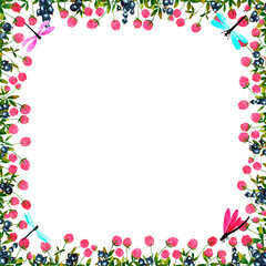 Square frame with clover and black currant, dragonflies, butterflies, bumblebees, bees. Hand drawn watercolor flowers and berries. Design for paper, background, menu, poster, textile, wallpaper