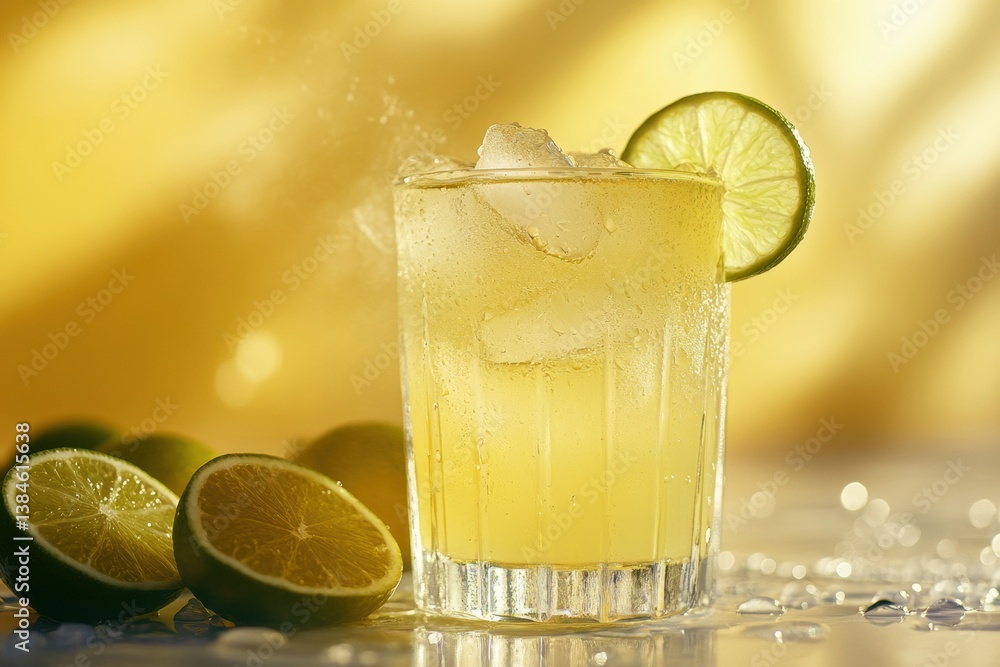 Aufkleber refreshing cold lemonade with fresh lime slices and ice cubes created to quench your thirst on a hot
