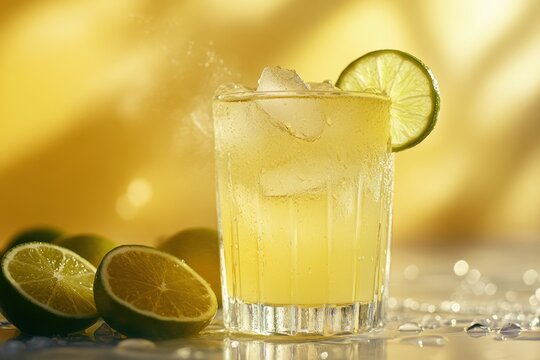 Refreshing cold lemonade with fresh lime slices and ice cubes created to quench your thirst on a hot summer day