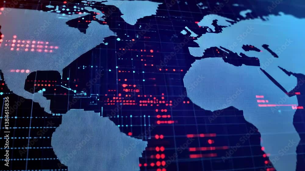 Poster visualization of digital data with asia highlighted in blue representing geographical focus, data di