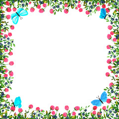 Set of square frames made of watercolor clover flowers and blueberries. Clip art, design element.