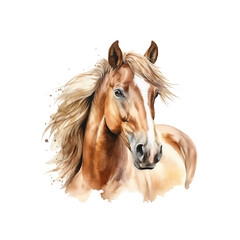 Watercolor Illustration of a Beautiful Brown Horse with Flowing Mane on White Background &ndash; Elegant Farm Animal PNG, High-Quality 300 DPI Clipart for Sublimation and Print Projects