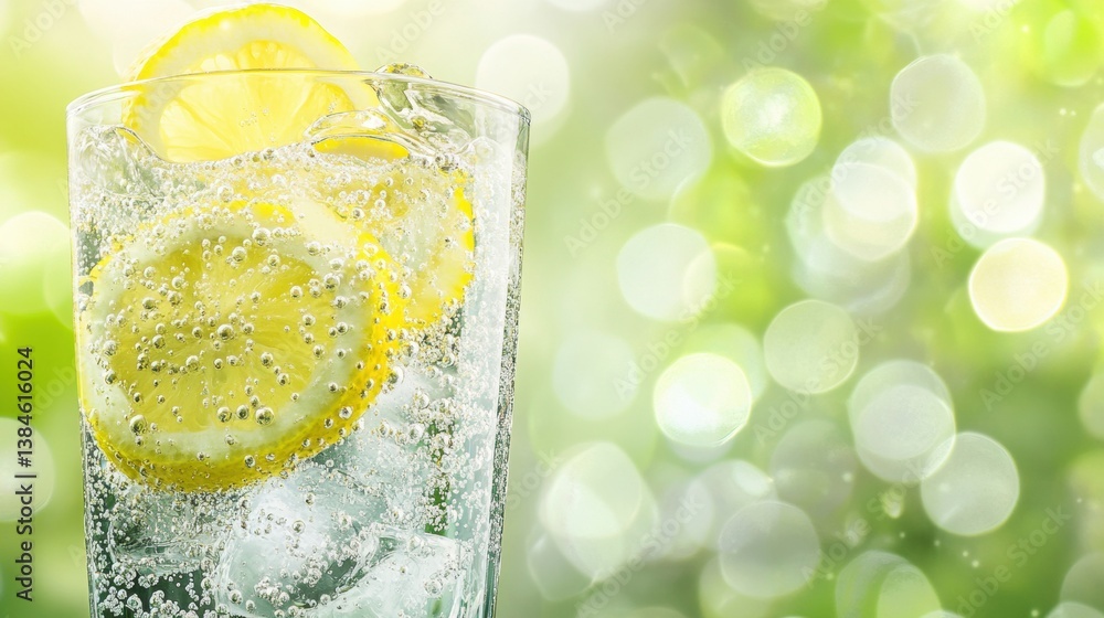 Poster Refreshing ice-cold soda with lemon slices and fizzy bubbles in a bright and lively setting