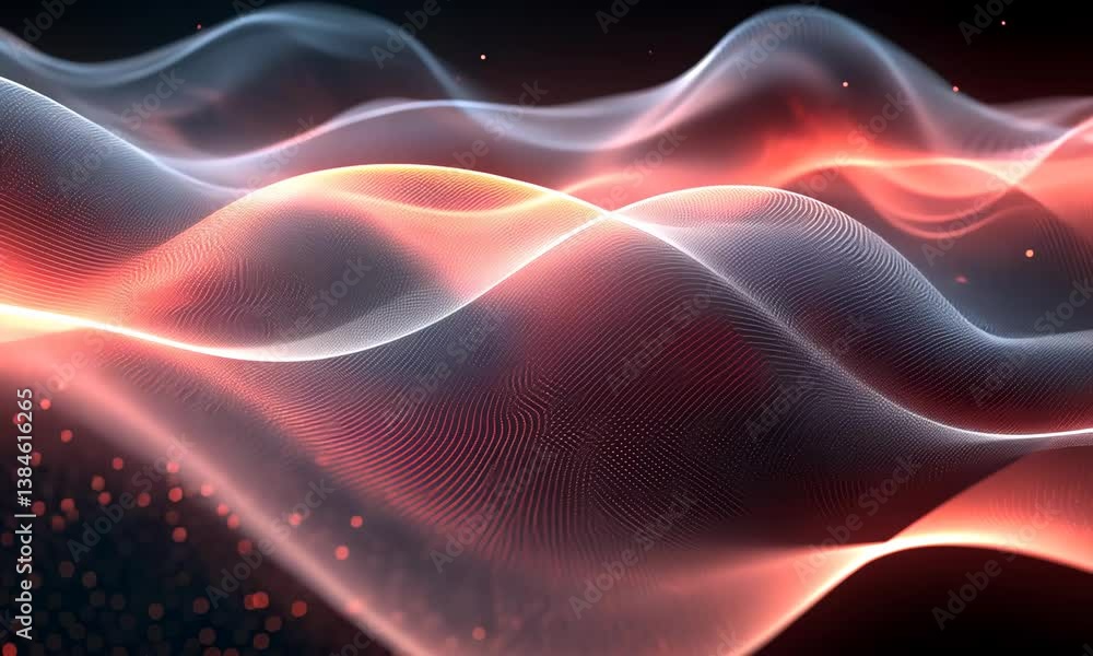Poster abstract digital landscape with glowing particles and waving red lines effect animation