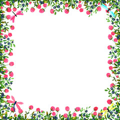 Set of square frames made of watercolor clover flowers and blueberries. Clip art, design element.