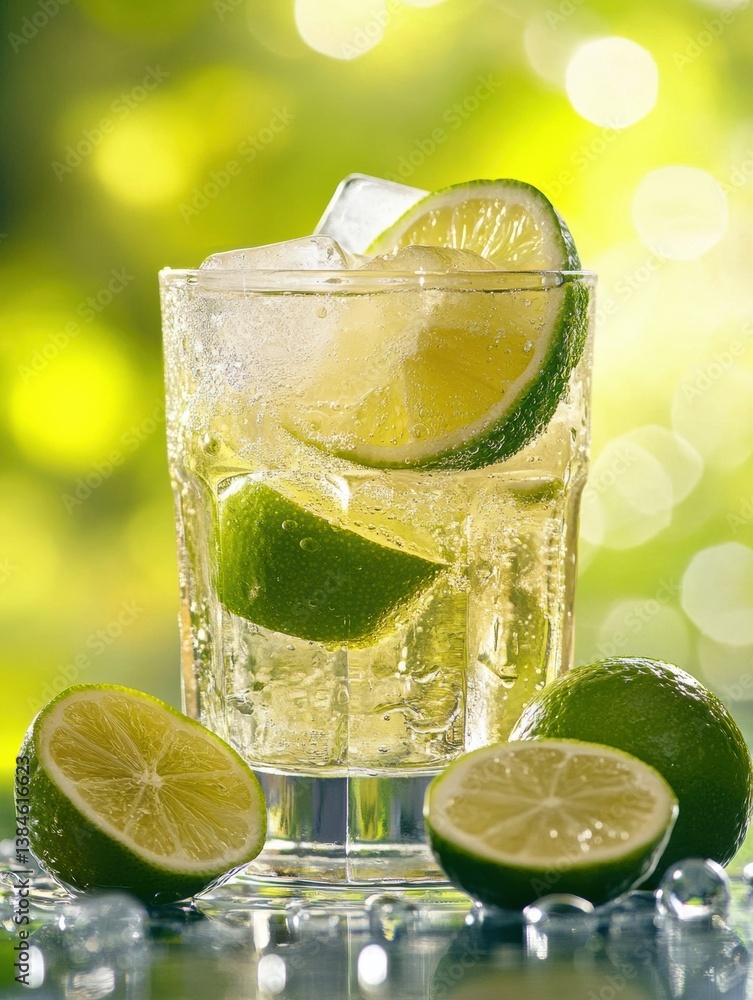 Poster refreshing lemonade in a clear glass with lime slices and ice cubes, set against a vibrant summer ba