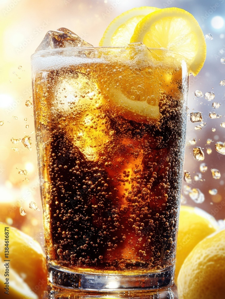 Poster refreshing ice-cold soda with lemon slices served in a glass against a bright background, capturing 