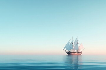 majestic pirate ship with billowing sails on calm sea captured in minimalistic and clean composition
