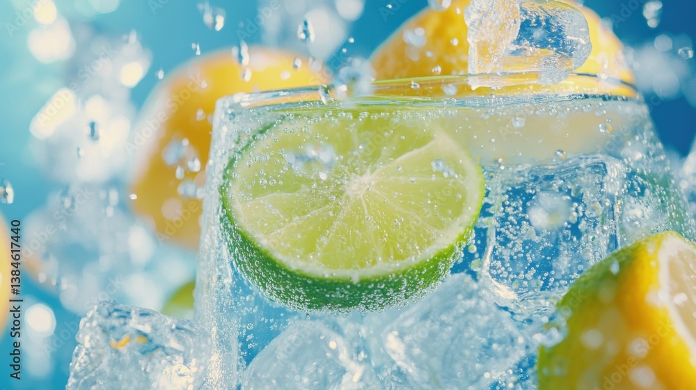 Poster Refreshing cold lemonade with ice and lime slices in a bright summer setting