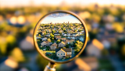 Aerial view of neighborhood through magnifying glass