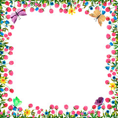 Set of square frames of watercolor wild flowers, cornflower and clover, beans, bumblebees, dragonflies. Clip art, design element.