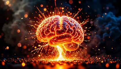 A human brain engulfed in flames, symbolizing intense creativity, passion