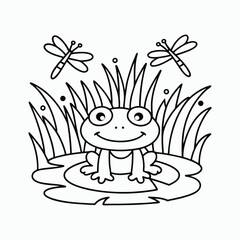 Cute Cartoon Frog on Lily Pad – Pond Scene Coloring Book Style, Black and White Line Drawing. International Children's Book Day.
