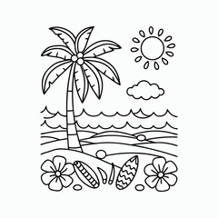 Obraz premium tropical island with palm trees - Tropical Paradise Coloring Book Style, Lineart vector. International Children's Book Day.
