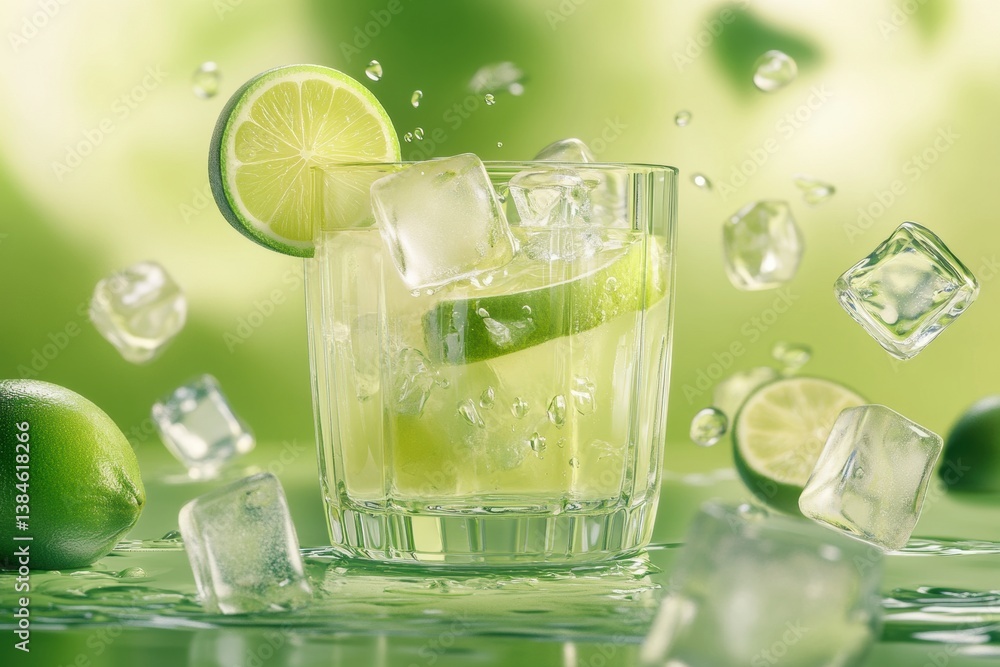 Poster Refreshing cold lemonade with ice cubes and fresh lime slices in bright summer setting