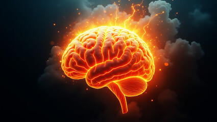 Fototapeta premium A human brain engulfed in flames, symbolizing intense creativity, passion