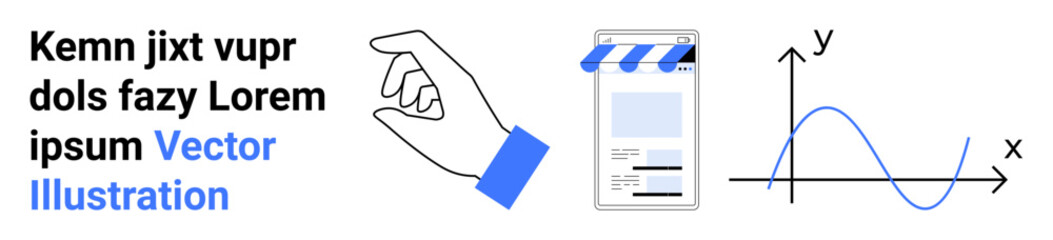 Hand performing a gesture, digital webpage interface with a striped awning, and an x-y axis graph. Ideal for technology, analytics, education, marketing, growth, communication and a simple landing © robu_s