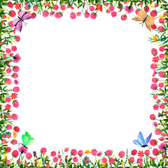 Set of square frames of watercolor wild flowers, beans, bumblebees, dragonflies. Clip art, design element.