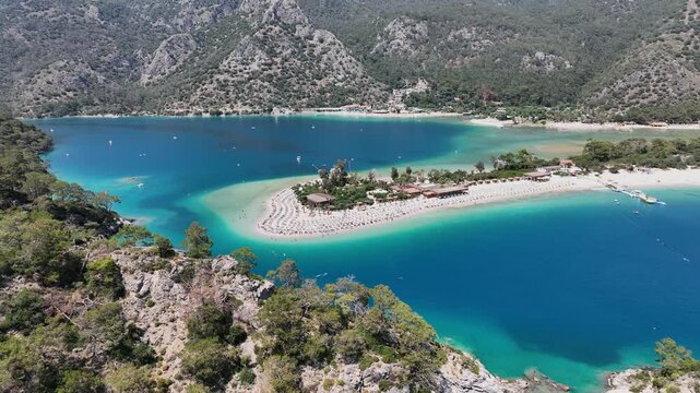 Aerial view of the Kumburnu Beach (Kumburnu Plaji) in Oludeniz village in Fethiye, Mugla, Turkey