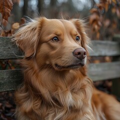 Golden dog sits pensively beside wooden bench.