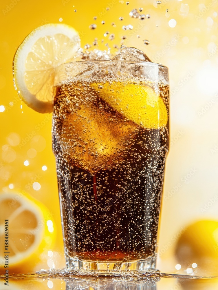 Poster refreshing ice-cold soda with fizzy bubbles and lemon slices against a bright background, perfect fo