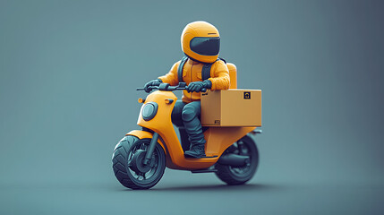 3D icon of an orange food delivery person on a motorcycle, representing fast and efficient service in food delivery.
