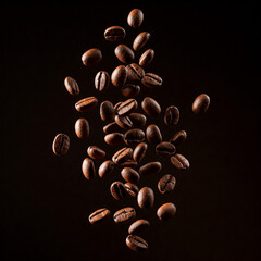 Obraz premium coffee beans on black background. Coffee beans in flight on a dark background. flying coffee beans.